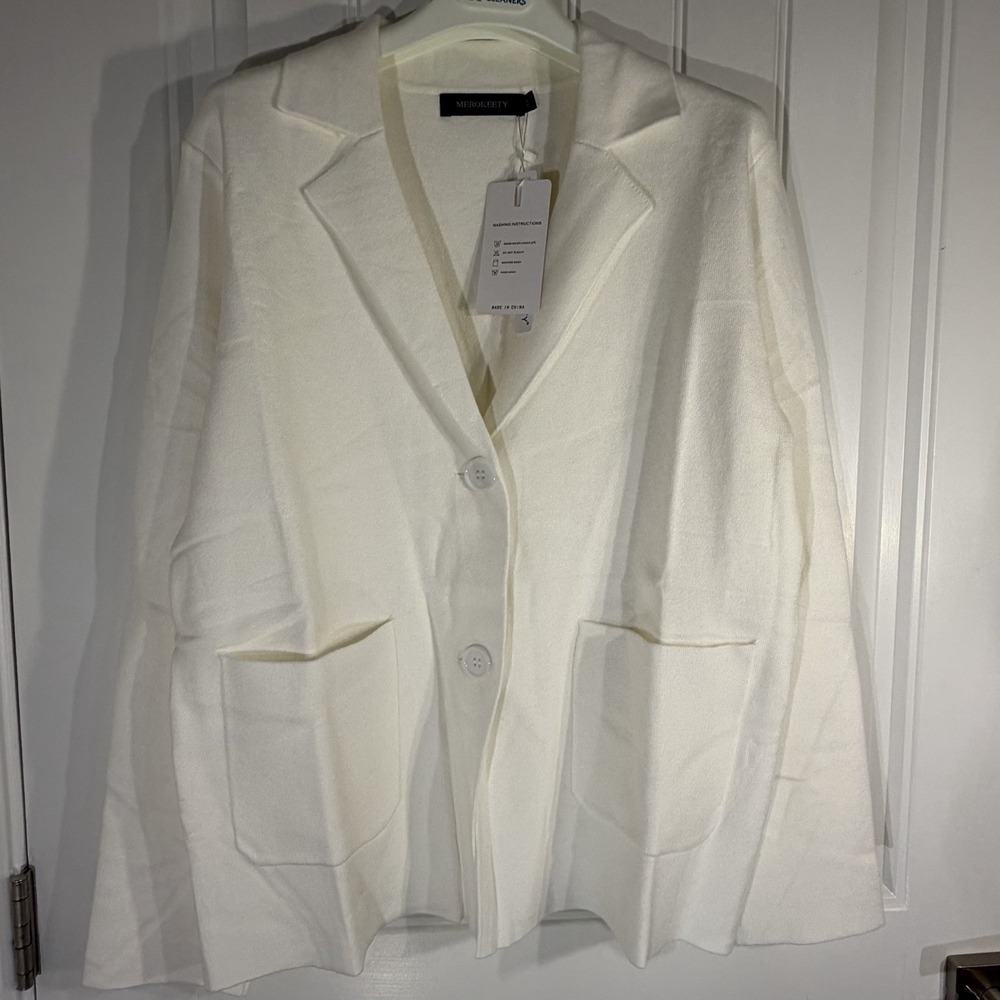 MEROKEETY White Knit Blazer‎ Cardigan Oversized Pocket Sweater Jacket Medium